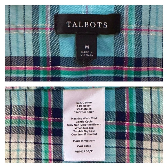 TALBOTS M S Festive Plaid Cotton Button Front Shirt • Dark Turquoise Metallic - Picture 7 of 11